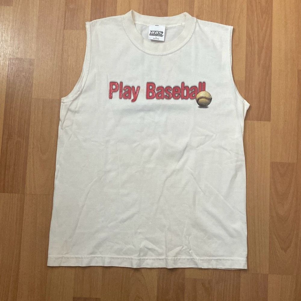 Vintage BBS Baseball Sleeveless White T Shirt Play Baseball Youth L Made in USA